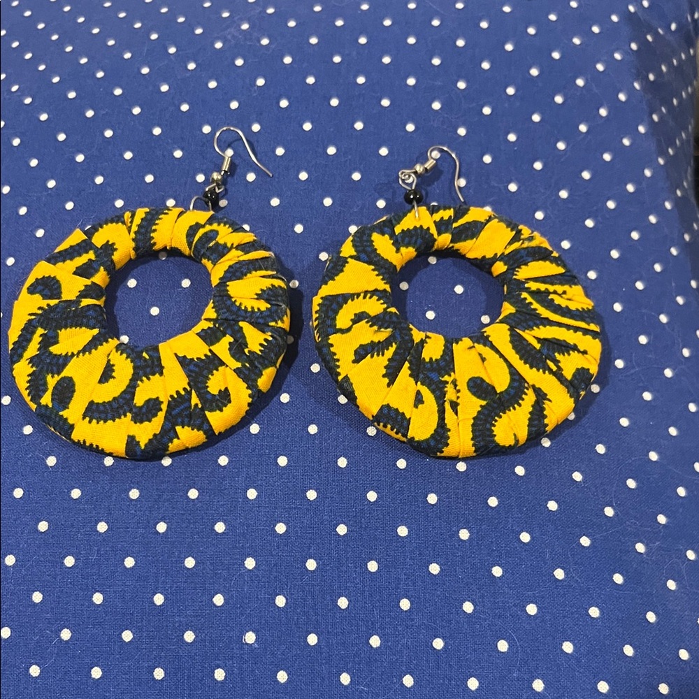 Gold and navy Patterned Hoop Earrings